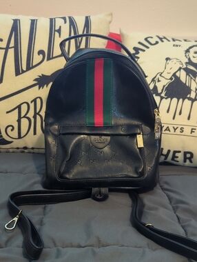 Gucci Black Leather Backpack with Green-Red Stripe